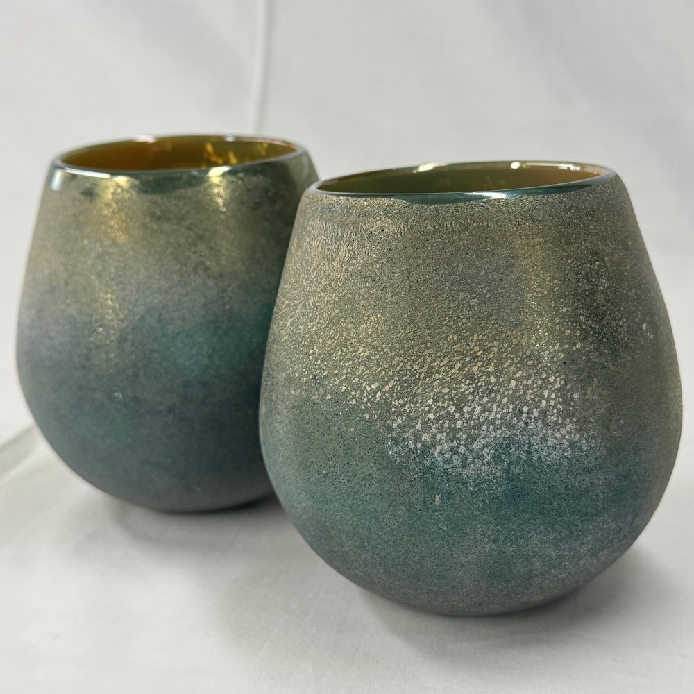 Art Glass Iridescent Ombre‎ Teal Gold Textured Stemless Wine Votive Set of 2
